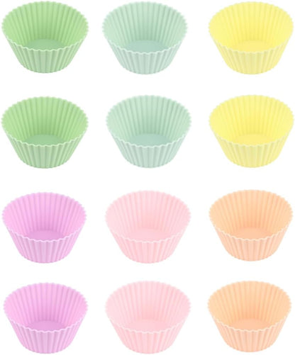 12-Pack Reusable Silicone Baking Cups – Non-Stick, 450°F Heat-Resistant, Dishwasher-Safe, Multicolor Muffin & Cupcake Liners for Baking, Parties, Holidays & Everyday Use