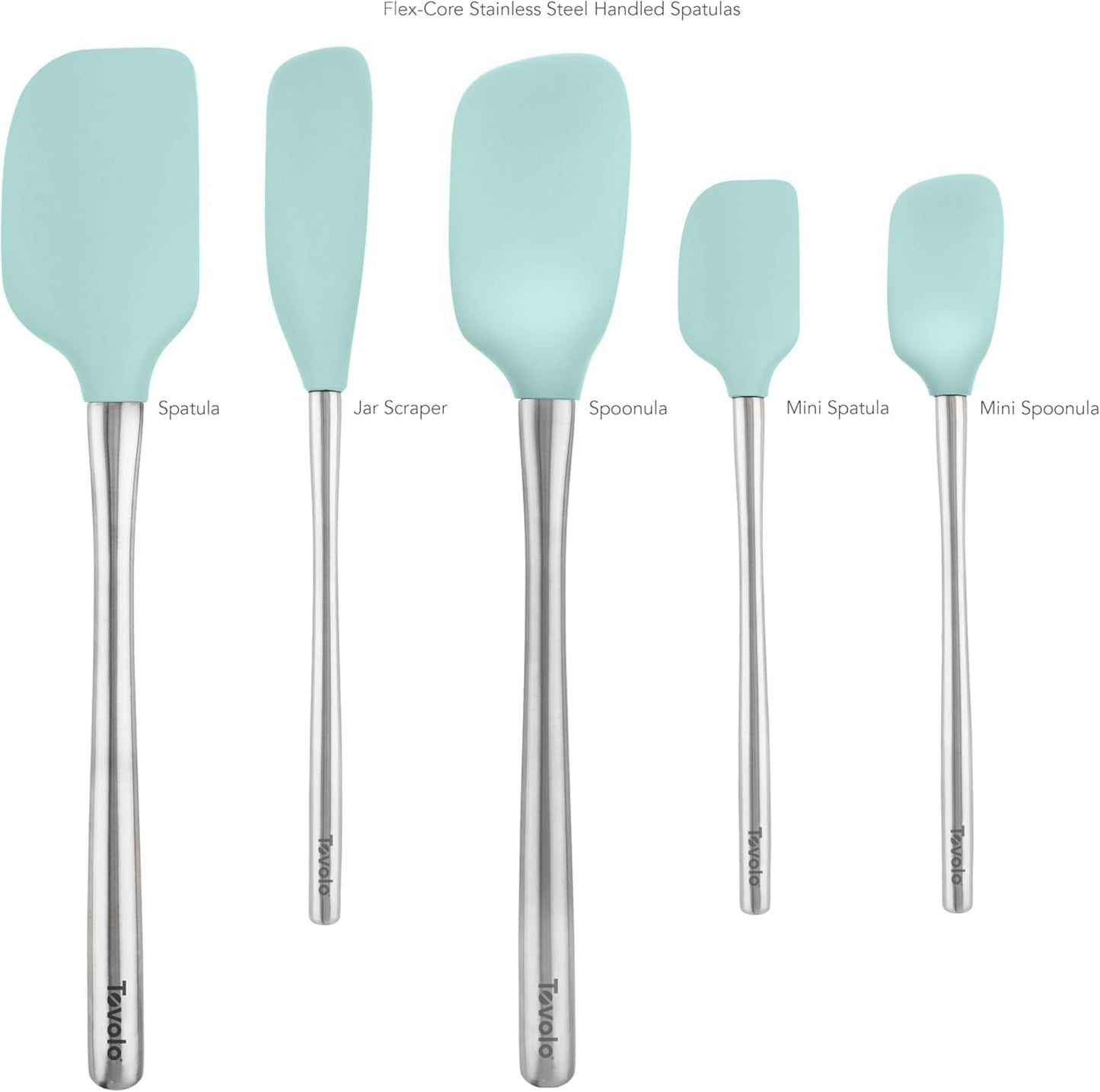 Tovolo Flex Core 5 Piece Silicone Spatula Set Heat Resistant All Silicone Utensils Include Non Stick Spatula Spoonula Jar Scraper, Dishwasher Safe BPA Free Spatulas for Baking Mixing, White