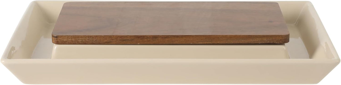 Gibson Elite 3-Section Stoneware Serving Tray with Acacia Lid – Taupe Rectangular Chip & Dip, Condiment, Snack and Appetizer Server for Parties & Entertaining