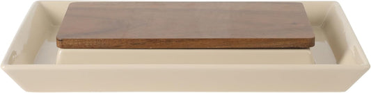 Gibson Elite 3-Section Stoneware Serving Tray with Acacia Lid – Taupe Rectangular Chip & Dip, Condiment, Snack and Appetizer Server for Parties & Entertaining