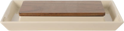 Gibson Elite 3-Section Stoneware Serving Tray with Acacia Lid – Taupe Rectangular Chip & Dip, Condiment, Snack and Appetizer Server for Parties & Entertaining