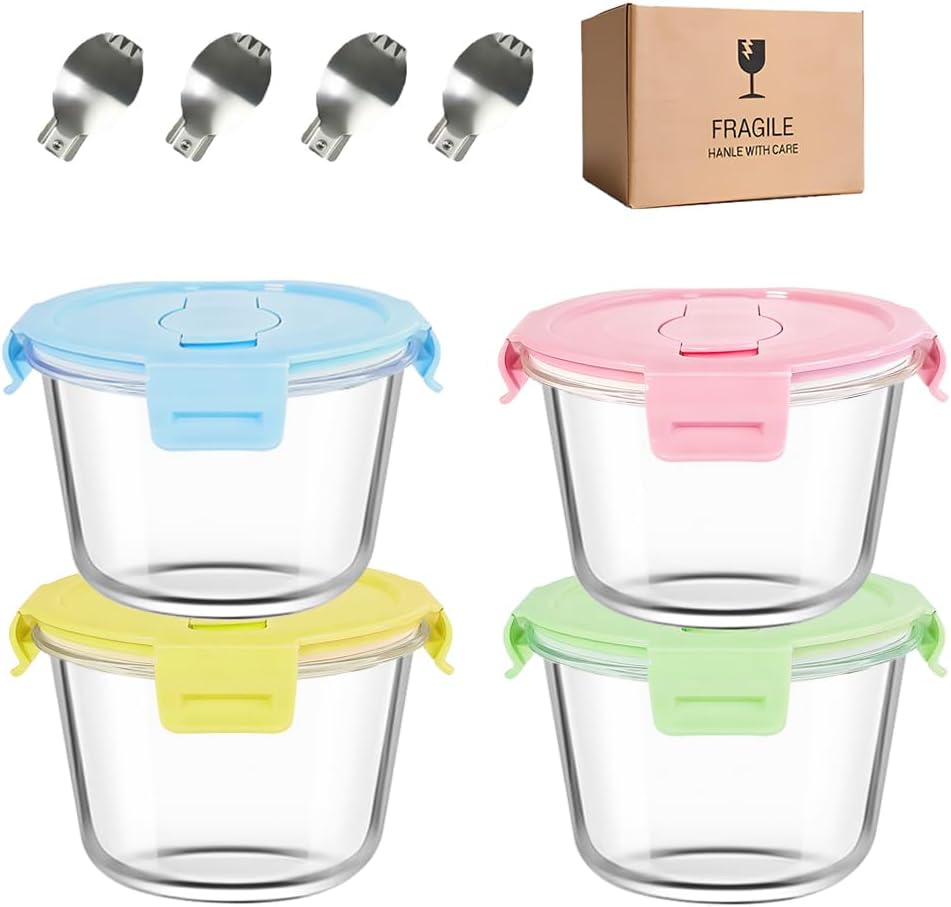Small Round Glass Food Storage Containers with Lids, 1.5 Cup Round Food Containers set BPA-Free, 12oz Glass Lunch Bowls for Soup Leftover, Microwave, Dishwasher and Freezer Safe (4pack)