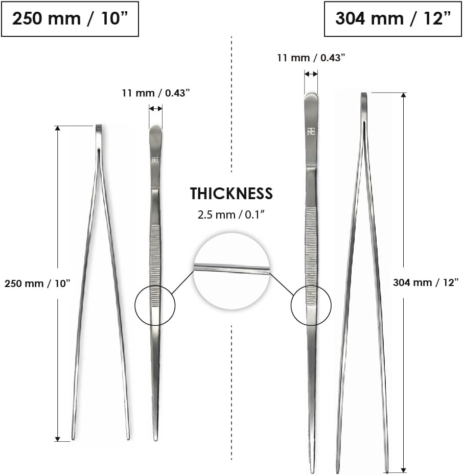 Heavy Duty Stainless Steel Tweezer Tongs 10'' and 12'' Set – Precision Cooking Tongs for Grilling, Plating, BBQ, and Kitchen Use