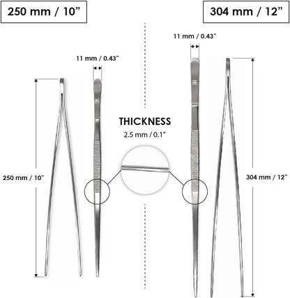 Heavy Duty Stainless Steel Tweezer Tongs 10'' and 12'' Set – Precision Cooking Tongs for Grilling, Plating, BBQ, and Kitchen Use