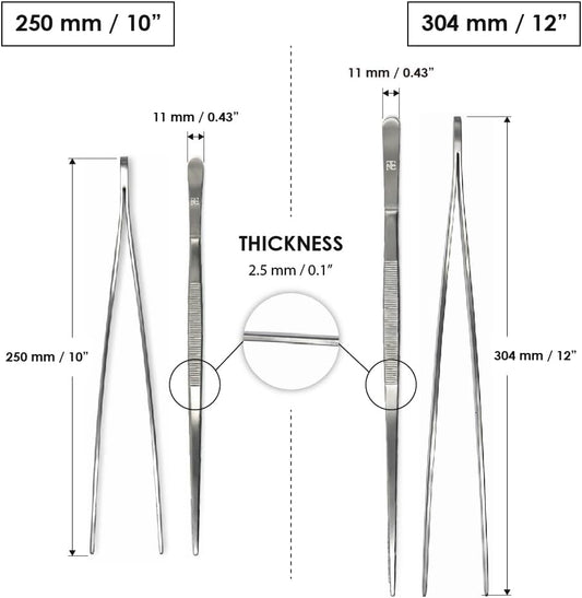 Heavy Duty Stainless Steel Tweezer Tongs 10'' and 12'' Set – Precision Cooking Tongs for Grilling, Plating, BBQ, and Kitchen Use