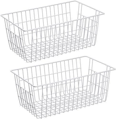 Slideep Wire Baskets Farmhouse Freezer Organizer Storage Bin Basket with Handles, Food Storage for Kitchen Cabinets, Pantry, Closet, Bedroom, Bathroom, Office 3 Pack
