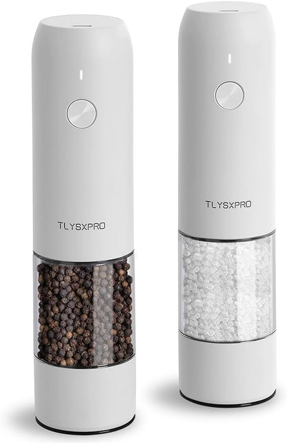 Electric Salt and Pepper Grinder Set, USB Rechargeable, Automatic Salt and Pepper Mill Grinder with Adjustable Coarseness, Electric Salt Shakers, LED Light, Refillable (2 Packs, Greige)