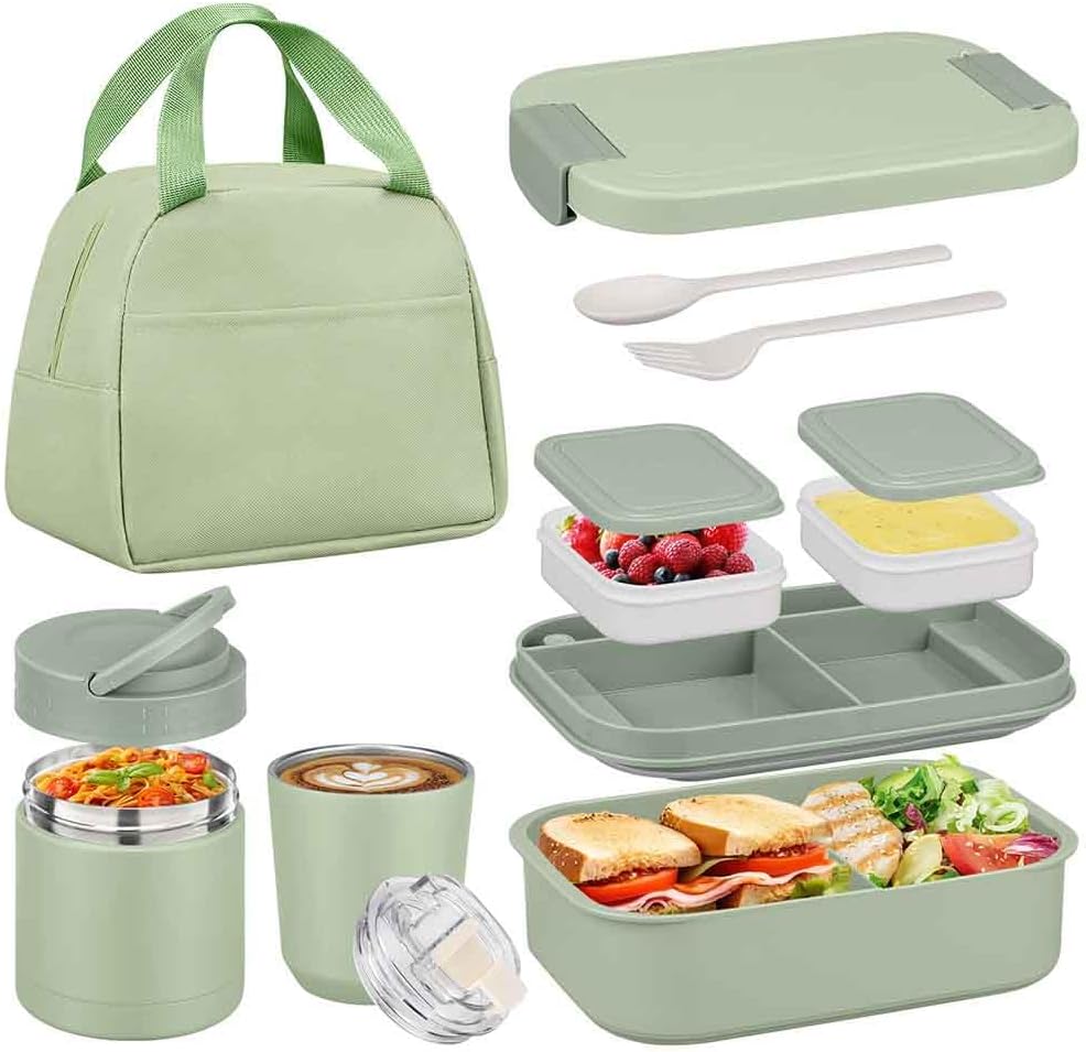 Bento Lunch Box Set with 10.5oz Soup Thermo Food Jar for Adults Kids, Stainless Steel Leak-proof Lunch Container with 4 Compartment, Coffee Tumbler with Lunch Bag for School Travel Office-Grey