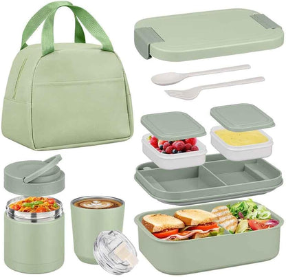 Bento Lunch Box Set with 10.5oz Soup Thermo Food Jar for Adults Kids, Stainless Steel Leak-proof Lunch Container with 4 Compartment, Coffee Tumbler with Lunch Bag for School Travel Office-Grey