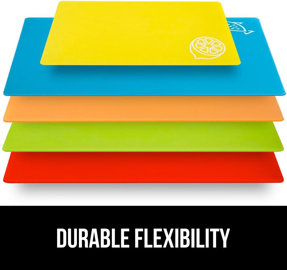 GORILLA GRIP 100% BPA-Free Flexible Cutting Board Set of 5, Durable Plastic Mats with Food Icons for Meal Prepping, Large and Mini Kitchen Chopping Mat, Use for Meat Fish Vegetables Fruit, Multicolor