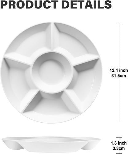4 Pcs 12.4" Large Divided Serving Trays for Party Supplies, 6 Compartments Round Plastic Platters for Serving Food, Unbreakable Reusable Trays for Snack, Veggie, Fruit, Candy, White
