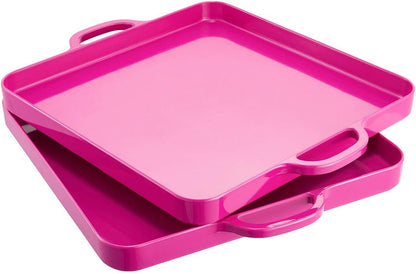 i BKGOO Foodservice Red Plastic Tray with Handle Set of 2 Large Melamine Cube Serving Platters for Parties, Table, Kitchen Size(12.5"x12.5"x1")