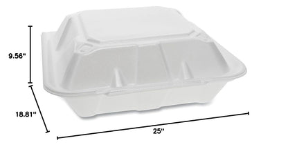 Pactiv YTD19903 Foam Hinged Lid Containers, White, 9 x 9 x 3-1/4, 3-Compartment (Case of 150)