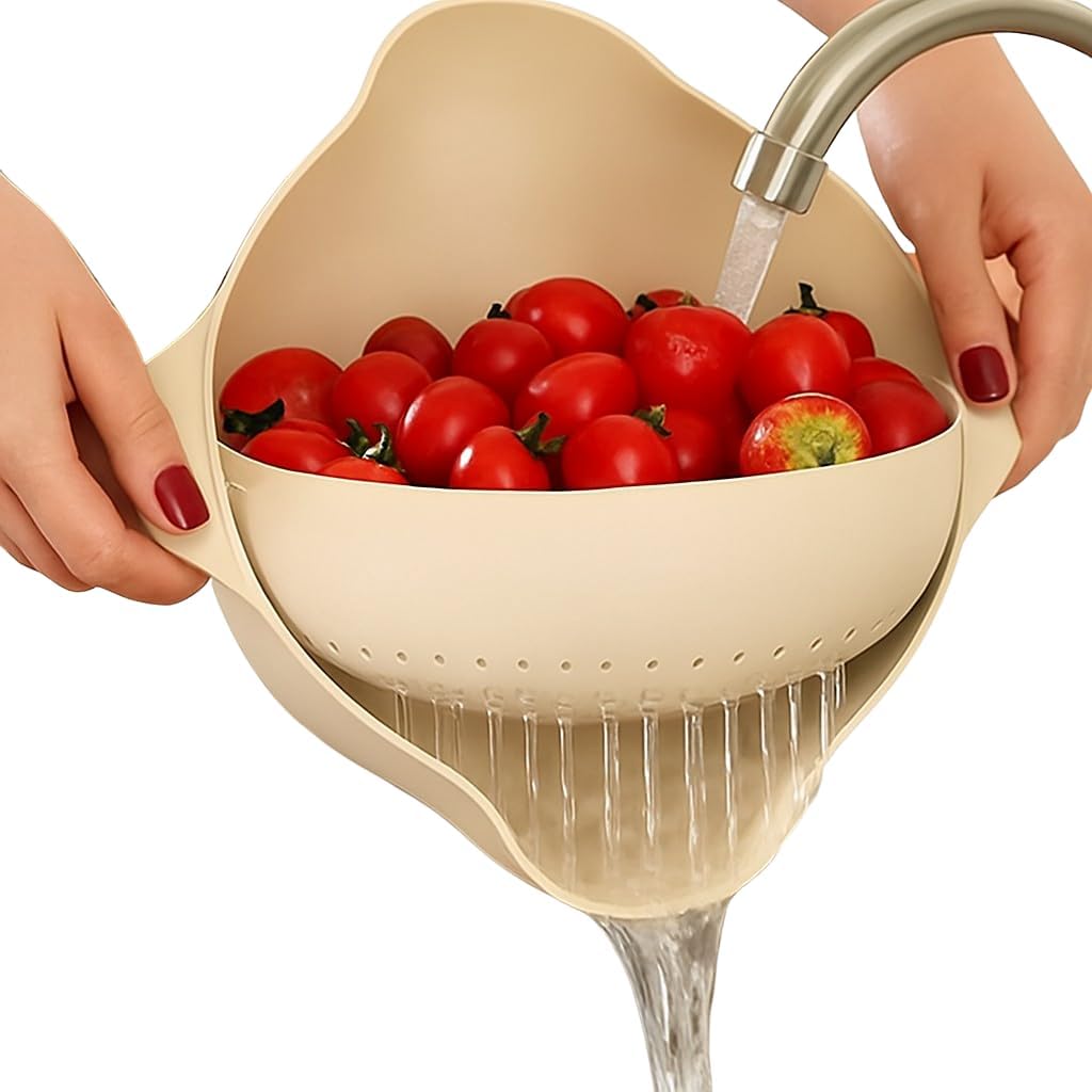 Rinse & Drain Bowl Strainer & Colander Combo – Double-Layer 360° Rotating Basket, BPA-Free Plastic with Handles & Pour Spouts – Wash Fruits, Vegetables, Pasta, Herbs, Beans & Salad Greens