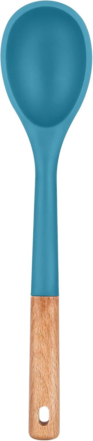 Large Silicone Cooking Spoons, Nonstick Solid Wooden Handle Spoon, Heat Resistan Silicone Kitchen Spoons for Cooking, Serving, Basting, Mixing, 13.2inch (Grey)