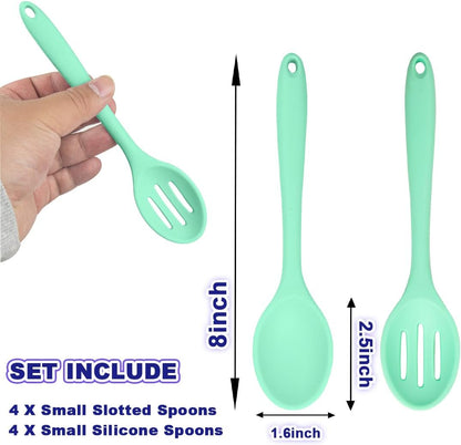 8 Pcs 8inch Heat Resistant Cooking Spoons for Nonstick Cookware Set -Ideal for Cooking, Baking, Mixing, Stirring Includes Slotted & Solid Spoons, Design for Nonstick Cookware (Black+Red+Green+Purple)