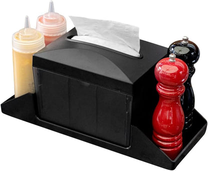 Restaurantware Bar Lux 7.9 Inch x 5.5 Inch Napkin Holder 1 3-Compartment Condiment Caddy - Rectangle Tabletop Black Plastic Napkin Caddy Refillable Easy Access