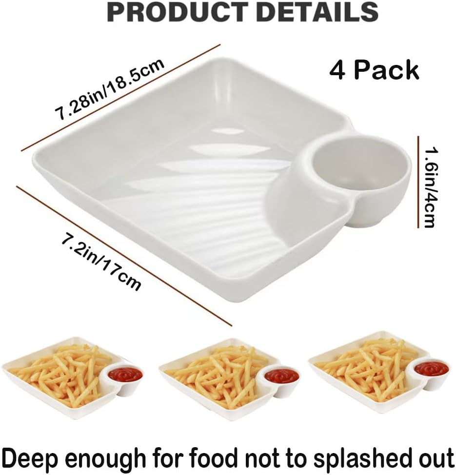 4 Pcs Chips and Salsa Serving Dish Plates, Veggie Platter Dipping Serving Trays with Sauce Rack for Buffet Family Party Appetizer Sushi Taco Salsa Charcuterie Barbecue Plate, Reusable (White 4PCS)