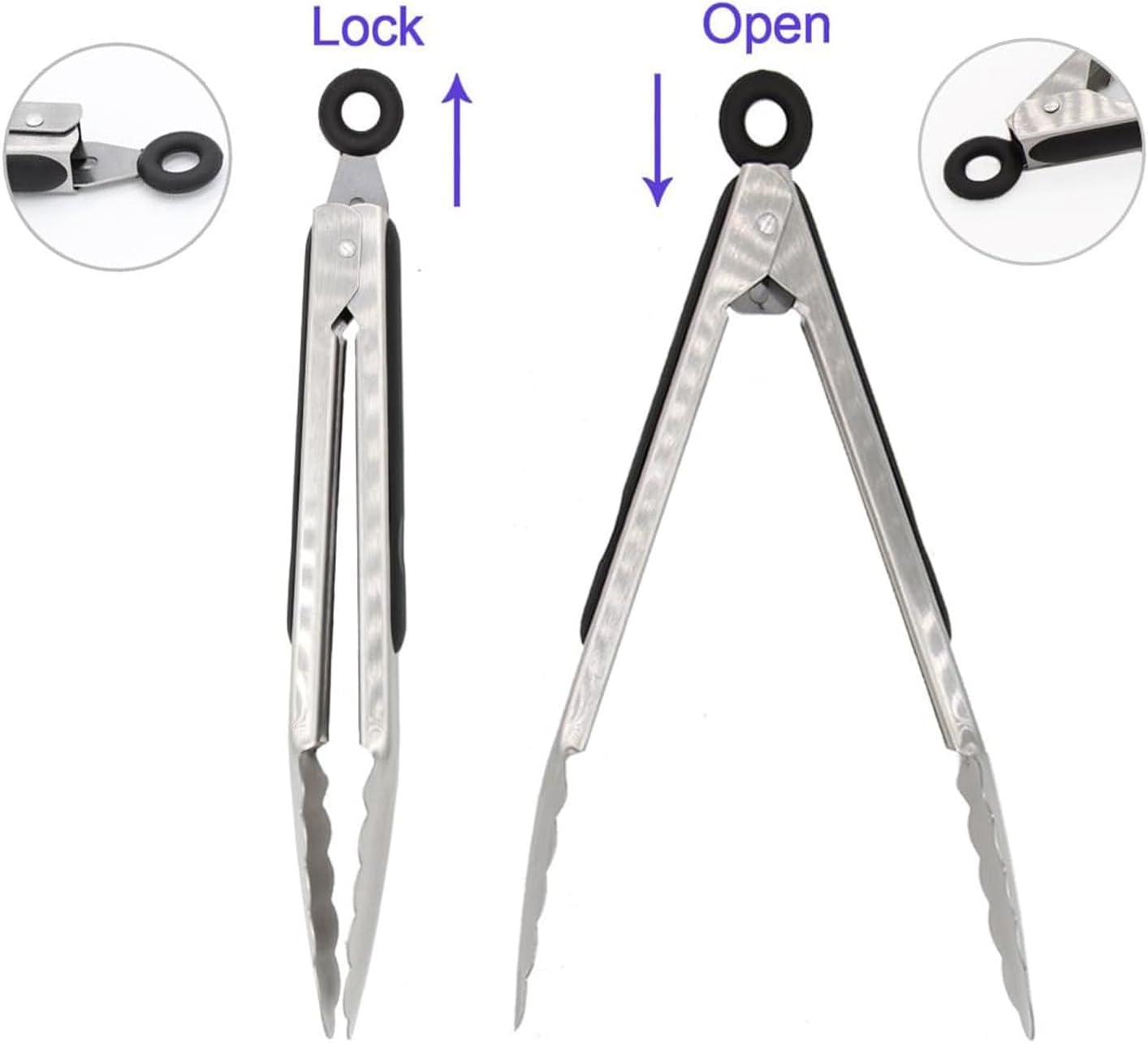 304 Stainless Steel Cooking Tongs Set of 2 (10" & 13") – Heat Resistant 600°F, Brushed Locking Tongs with Ergonomic Grip, Ideal for Kitchen, Salad, BBQ, Dishwasher Safe