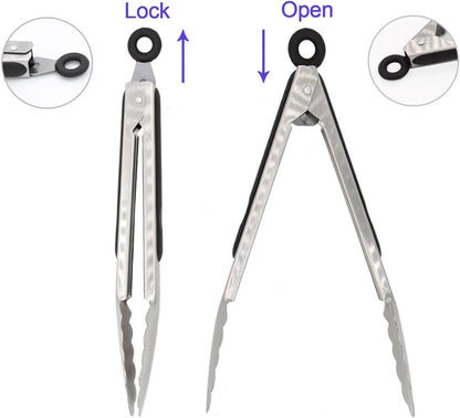 304 Stainless Steel Cooking Tongs Set of 2 (10" & 13") – Heat Resistant 600°F, Brushed Locking Tongs with Ergonomic Grip, Ideal for Kitchen, Salad, BBQ, Dishwasher Safe