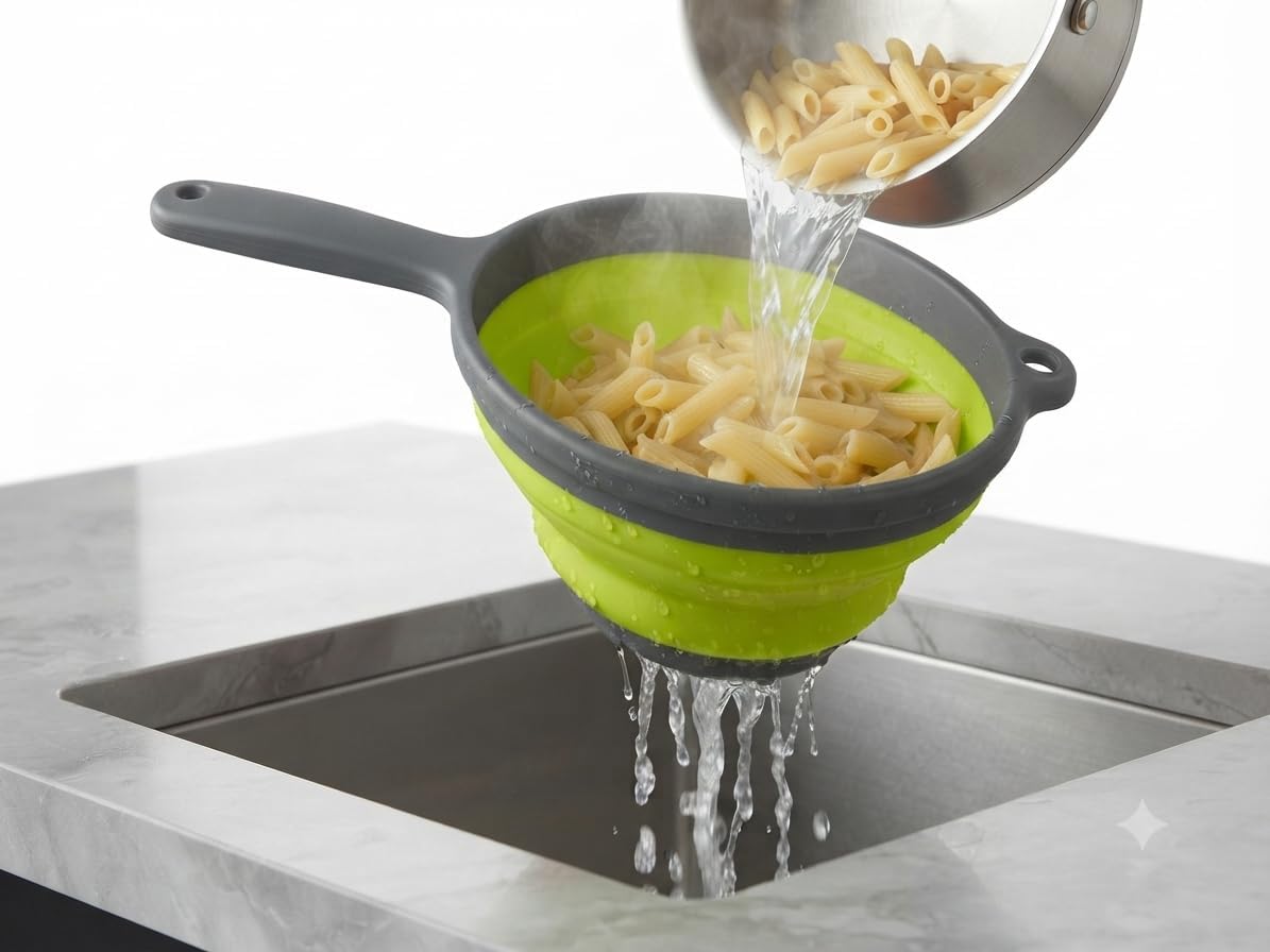 Collapsible Colander with Handle Space Saving Silicone Folding Strainer Blue