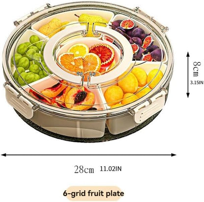 Rotating Fruit Storage Container with Lid, 6-Section Snack Organizer, Airtight Tray with Handle for Fruits, Nuts, Candy