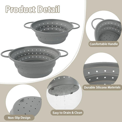 CEYAZYE Collapsible Colander Set of 3, Silicone Space-Saving Foldable Kitchen Pasta Strainer, Heat-Resistant Fast Draining Basket with Non-Slip Base and Handles, Food Strainer for Fruit, Vegetables
