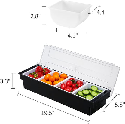 Ice Cooled Condiment Serving Container-6 Compartment Chilled Garnish Tray Bar Caddy with Hinged Lid (6 Compartments)