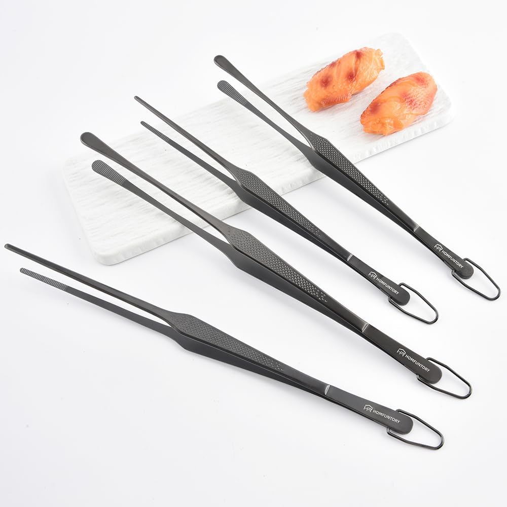 Stainless Steel Cooking Tweezers Set, 10 & 12 Inch Precision Kitchen Tweezers with Star Dot Texture & Elevated Tips | Galaxy Grip Series, 4-Piece (Silver)