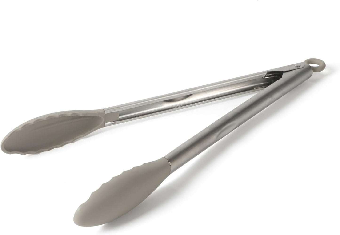 Calphalon Edge Tongs Set, 2-Piece Stainless Steel Kitchen Tongs Set with Silicone Heads, Includes 9-Inch & 12-Inch Heat-Resistant Locking Tongs for Cooking, Grilling & Serving, Taupe