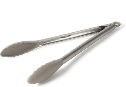 Calphalon Edge Tongs Set, 2-Piece Stainless Steel Kitchen Tongs Set with Silicone Heads, Includes 9-Inch & 12-Inch Heat-Resistant Locking Tongs for Cooking, Grilling & Serving, Taupe