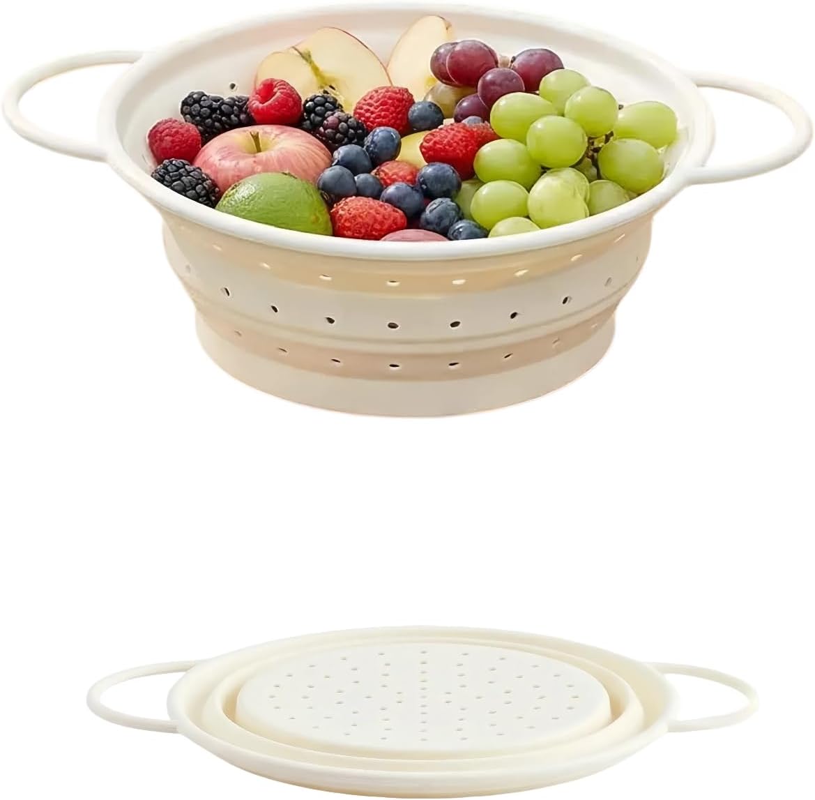 Collapsible Silicone Colander with Handles, Round Strainer with Stainless Steel Rim, Space Saving Kitchen Tool for Fruits & Vegetables,BPA-Free,Heat-Resistant Pasta Drainer(White, L)