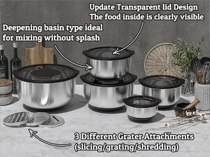 Mixing Bowles Set with Lids Set - Warp-Proof TPR-AS Lids, Stainless Steel Mixing Bowl with 3 Graters & Measuring Lines, Non-Slip Bowls for Baking, Prep, Airtight Food Storage (Khaki 5/3/2/1.5/0.63QT)