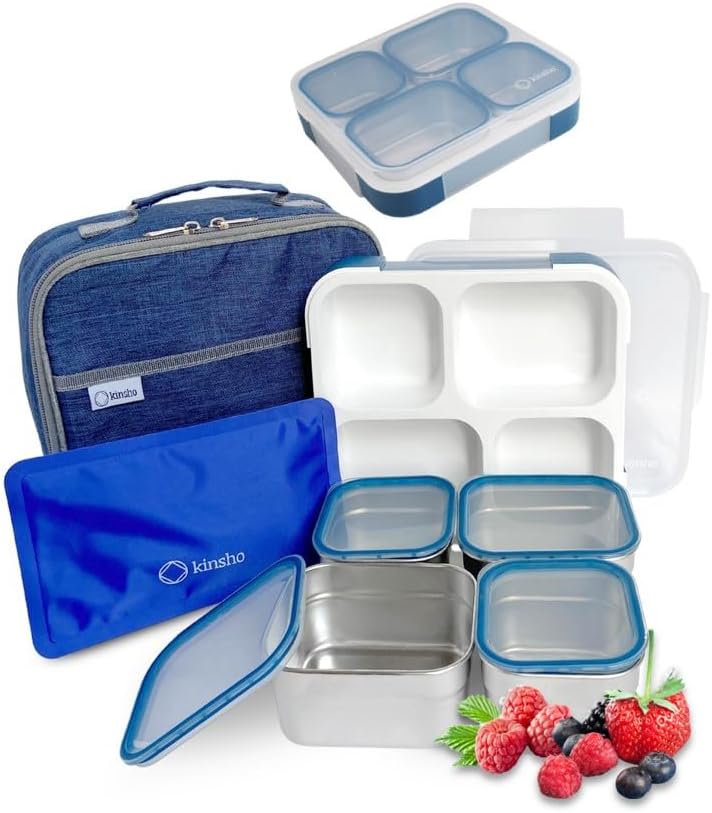 Stainless Steel Bento Lunch Box Set For Adults, Kids - Insulated Bag And Ice Pack - Leak-Proof Metal Compartment Meal Prep Food & Snack Containers For Work Travel School Daycare, 42 Oz Grey Black