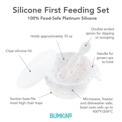 Bumkins Baby Bowl, Silicone Feeding Set with Suction for Baby and Toddler, Includes Spoon and Lid, First Feeding Set, Training Essentials for Baby Led Weaning for Babies 4 Months Up, Sage