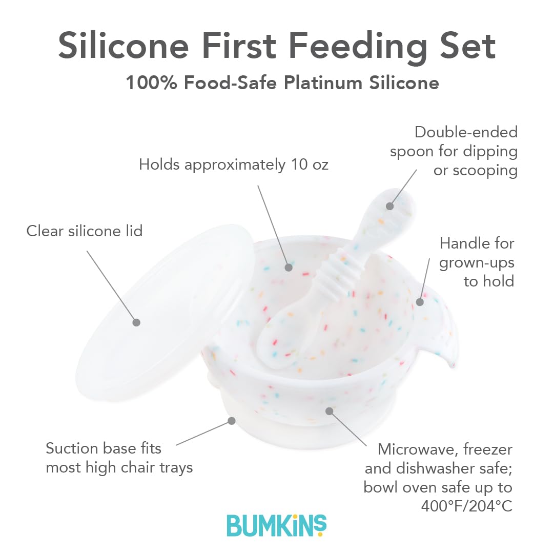 Bumkins Baby Bowl, Silicone Feeding Set with Suction for Baby and Toddler, Includes Spoon and Lid, First Feeding Set, Training Essentials for Baby Led Weaning for Babies 4 Months Up, Sage