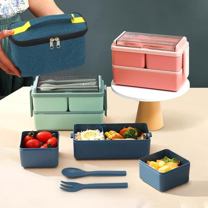 1400ml Lunch Box with 3 Compartments - 2 Layer Leak Proof Bento Box with Insulated Bag and Cutlery, Meal Prep Container Box for Adults Kids Students Office Microwave Dishwasher Safe Available (Green)