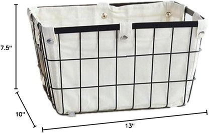 Handmade -Open Storage Bread Food Basket,Kitchen Cabinet and Pantry Storage Organizer Bin & Containers- Two Cut-Out Handles Wire Metal with Canvas Lining 13x10x7.5 Inches Black