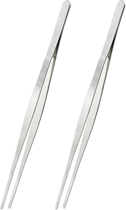 3Pcs Stainless Steel Tweezer Set (8" 10" 12"), Kitchen Tweezers Tongs, Cooking Tweezers with Precision Serrated Straight Tips, Long Handle Food Tweezers for Culinary, Bar, BBQ, Plating