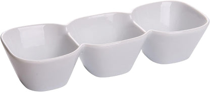 Restaurantware 18 Ounce Triple Bowl Serving Dish 1 Square Porcelain Condiment Tray - Serve Snacks Dips or Condiments For Parties Buffets Or Catering White Porcelain 3 Section Serving Dish