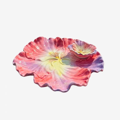 11 Inch Ceramic Chip & Dip Serving Tray | Double Layer Hand-Painted Coral Pansy Plate | Divided Appetizer Platter for Salsa, Veggies & Snacks