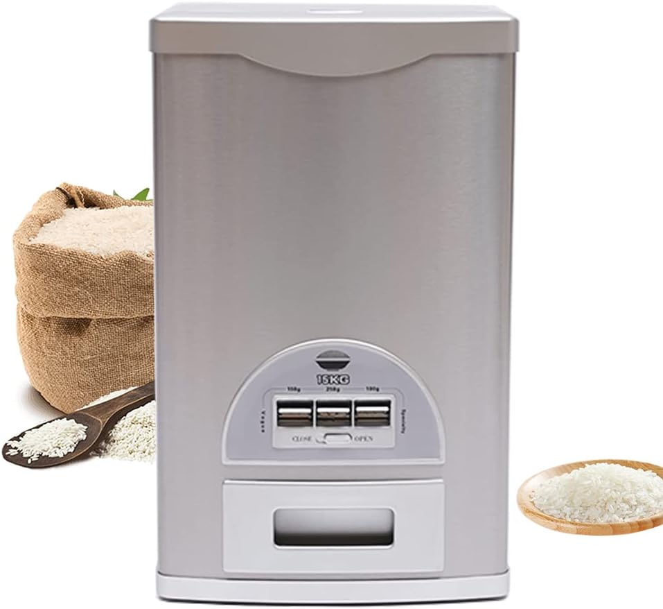 Auto Rice Dispenser Container, Stainless Steel Rice Dispenser, 15kg/33lb Large Capacity Automatic Rice Storage Container Kitchen Rice Dispenser Countertop, Silver