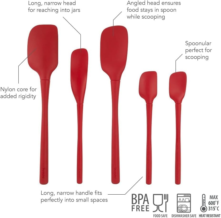 Tovolo Flex Core 5 Piece Silicone Spatula Set Heat Resistant All Silicone Utensils Include Non Stick Spatula Spoonula Jar Scraper, Dishwasher Safe BPA Free Spatulas for Baking Mixing, White