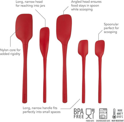 Tovolo Flex Core 5 Piece Silicone Spatula Set Heat Resistant All Silicone Utensils Include Non Stick Spatula Spoonula Jar Scraper, Dishwasher Safe BPA Free Spatulas for Baking Mixing, White