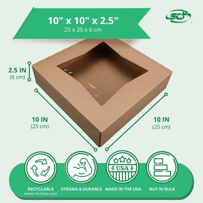 SCT Kraft Window Bakery Box (200 Pack) 10x10x2.5, Auto Pop-Up Bakery Carrier for Pies, Donuts, Pastries, Kraft with Clear Lid, 24233K