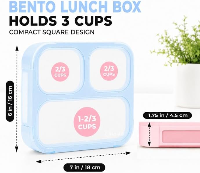 kinsho Medium Bento Boxes for Kids, Lunch Box for Boys Girls Toddler Adults, Leak-Proof 3 Compartment Containers for Meal or Snack at School Daycare Work Travel, BPA Free 2 Pack (Pastel Blue + Pink)