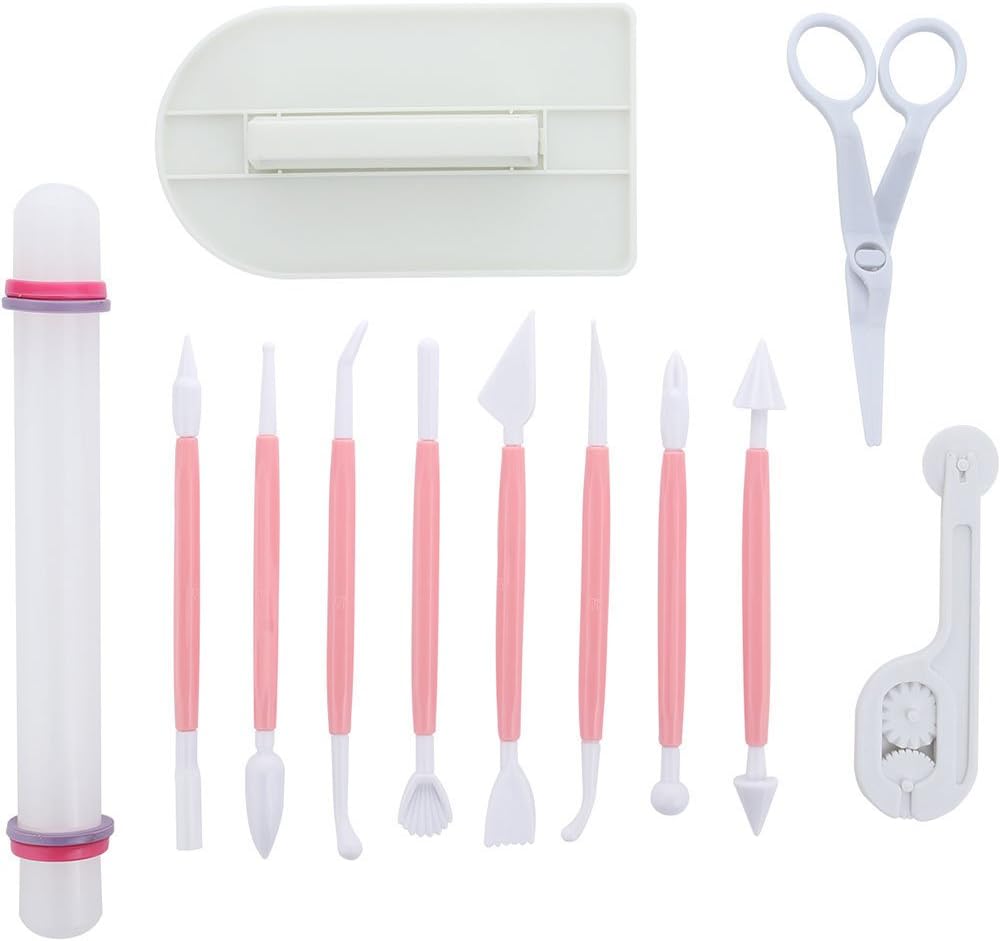 ScivoKaval Marshmallow Fondant Cake Decorating Hand Tool 12 Pcs 5 Sets Sugarcraft Gumpaste Icing Smoother Rolling Pin Trimmer Cutter Embosser Flower Scissor Modelling Accessories Supplies Kit Multi