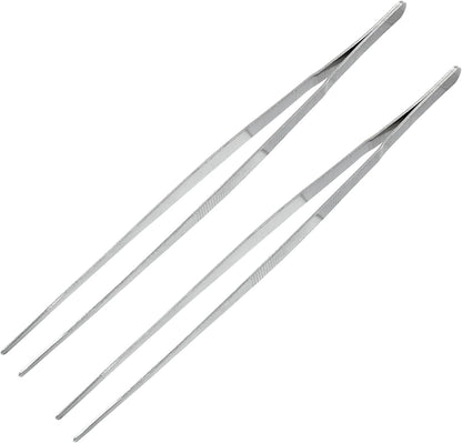 3Pcs Stainless Steel Tweezer Set (8" 10" 12"), Kitchen Tweezers Tongs, Cooking Tweezers with Precision Serrated Straight Tips, Long Handle Food Tweezers for Culinary, Bar, BBQ, Plating