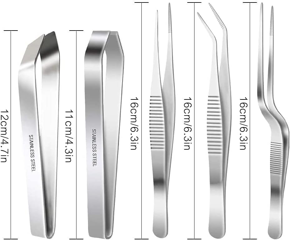SelfTek 5Pack Fish Bone Tweezers Set Stainless Steel Cooking Tweezers Precision Tongs Serrated Tips, Flat and Slant Fish Bone Pliers for Cooking Sea Food Styling Utensils Medical Beauty