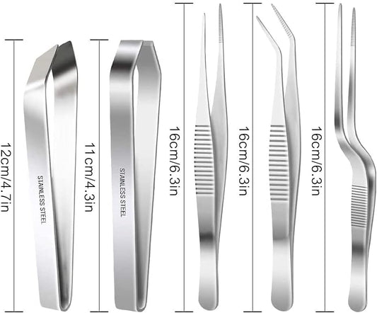 SelfTek 5Pack Fish Bone Tweezers Set Stainless Steel Cooking Tweezers Precision Tongs Serrated Tips, Flat and Slant Fish Bone Pliers for Cooking Sea Food Styling Utensils Medical Beauty